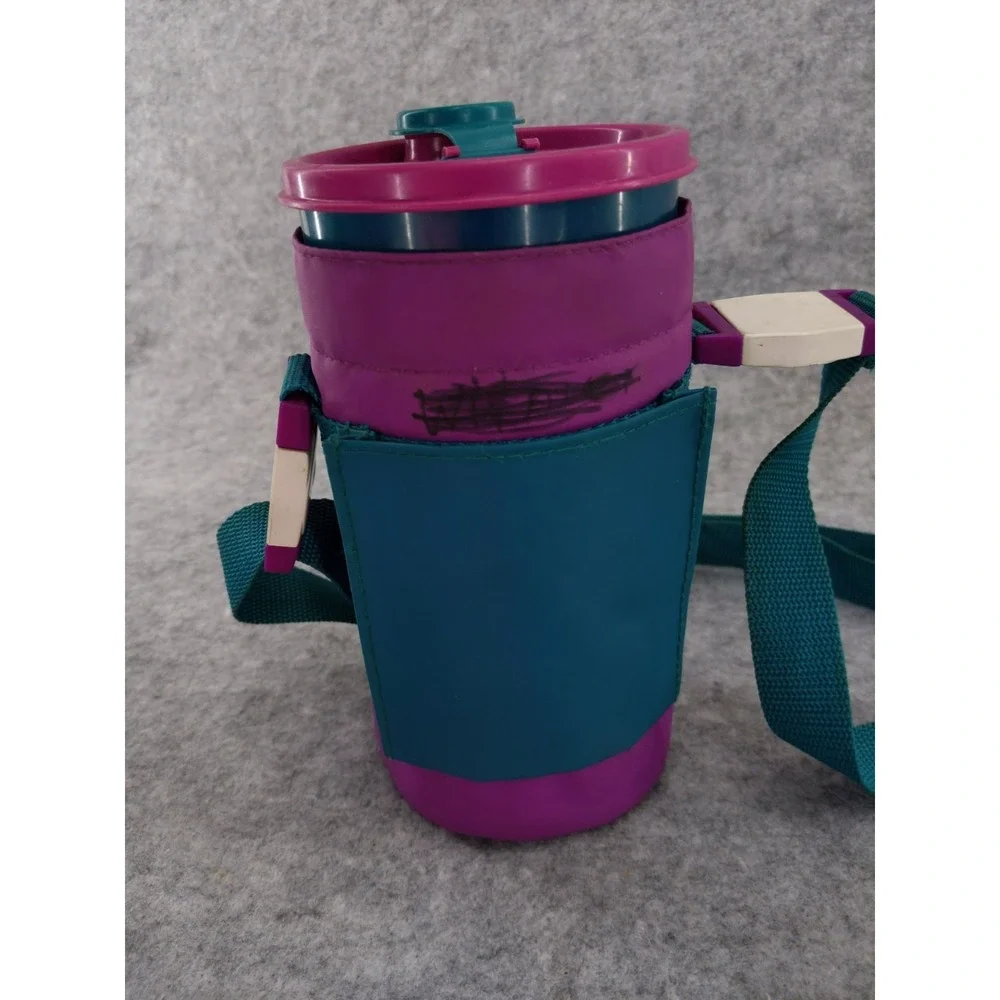 vtg 90s Tupperware Thirst Quake Teal/Purple‎ Drink Tumbler W/Lid & Carry Bag
